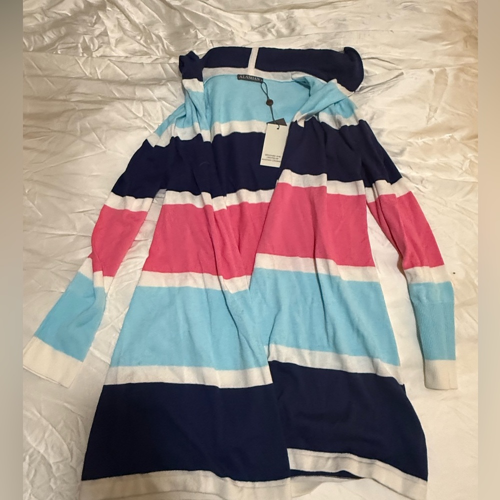 NWT New Alashan Striped Hooded Cardigan Blue, Pink, and White S Small Cashmere